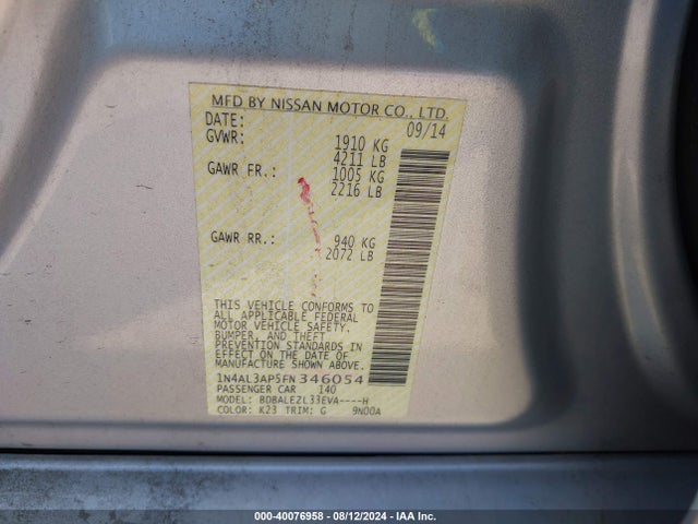 Nissan Altima 2.5 S 2015 1N4AL3AP5FN346054 Image 9