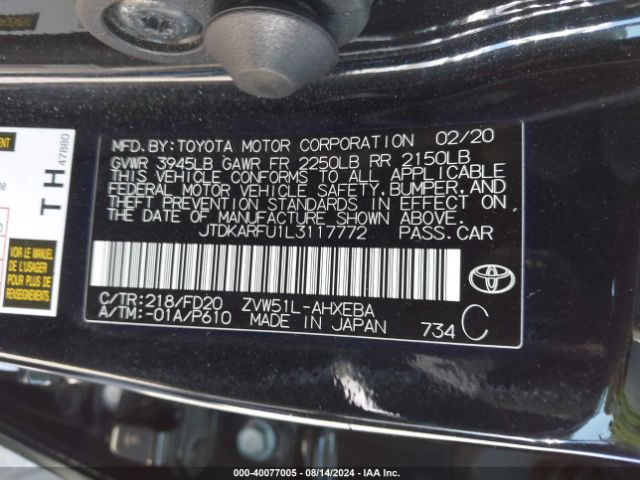 JTDKARFU1L3117772 Toyota Prius Le