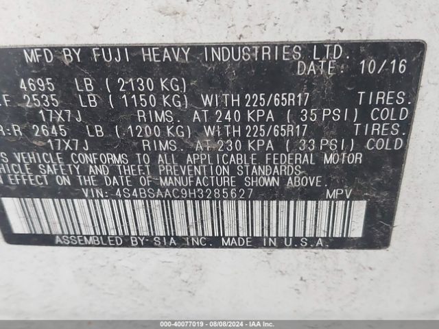 4S4BSAAC9H3285627 Subaru Outback 2.5i