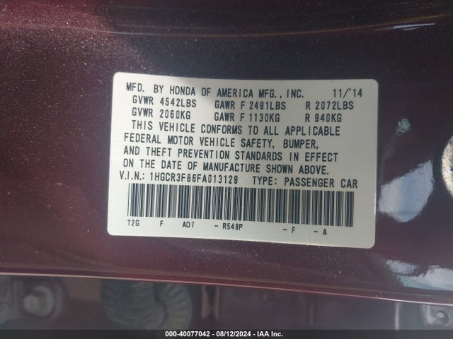 Honda Accord Ex-l V-6 2015 1HGCR3F86FA013129 Image 9