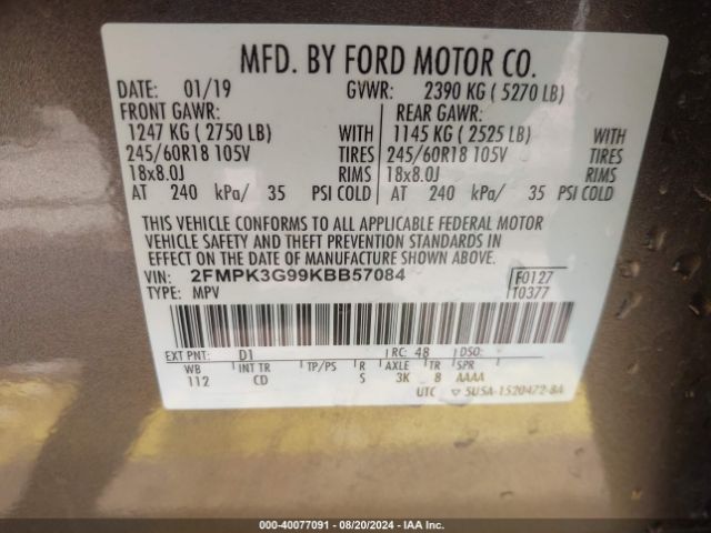 2FMPK3G99KBB57084 Ford EDGE SE