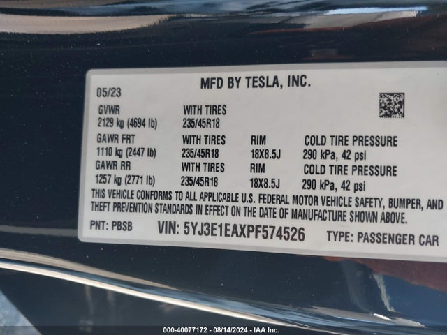 2023 TESLA MODEL 3 5YJ3E1EAXPF574526 Photo 8