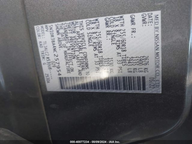 5N1DR3BA4NC257954 Nissan Pathfinder Sv 2wd