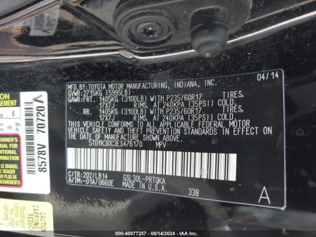 5TDYK3DC3ES476170 Toyota Sienna Xle V6 8 Passenger