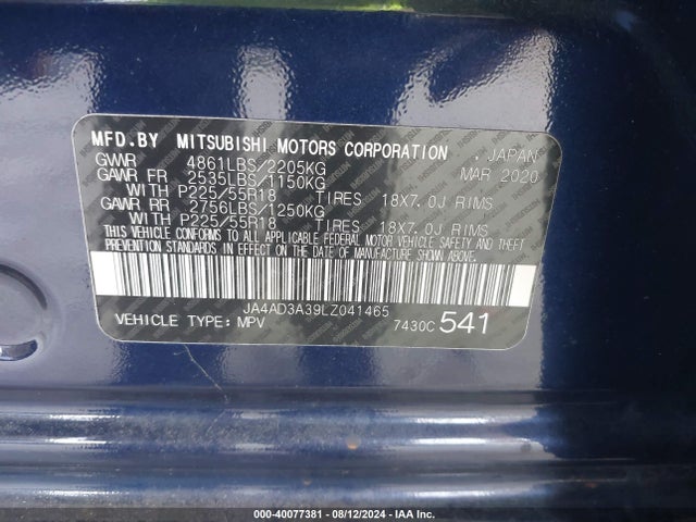 2020 MITSUBISHI OUTLANDER JA4AD3A39LZ041465 Photo 8