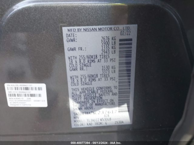 5N1DR3BA7NC237617 Nissan Pathfinder Sv 2wd