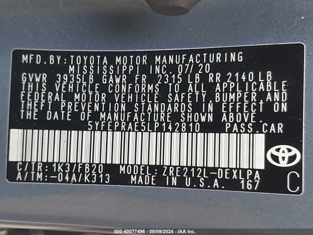Toyota COROLLA LE 2020 5YFEPRAE5LP142810 Image 9