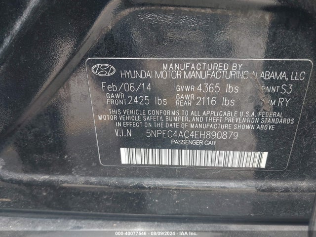 Hyundai SONATA SE 2014 5NPEC4AC4EH890879 Image 9