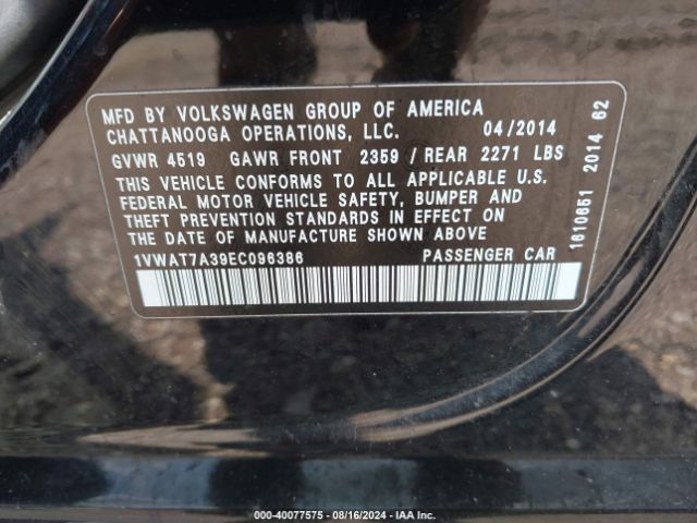 1VWAT7A39EC096386 Volkswagen Passat 1.8t Wolfsburg Edition
