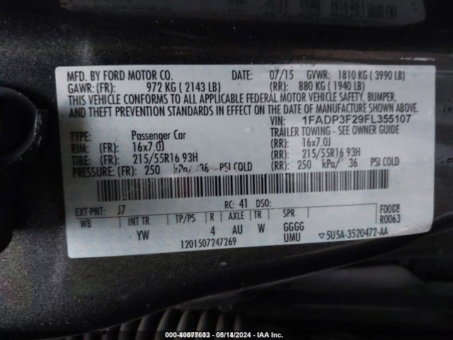 Ford FOCUS SE 2015 1FADP3F29FL355107 Image 9