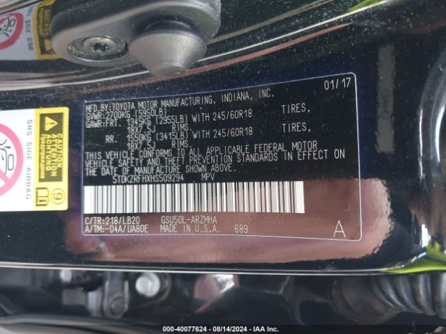 5TDKZRFHXHS509294 Toyota Highlander Xle