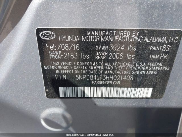 5NPD84LF3HH021408 Hyundai ELANTRA SE