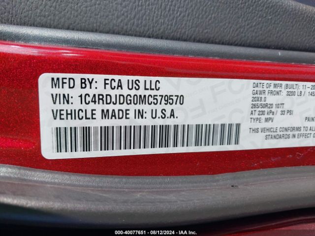 1C4RDJDG0MC579570 Dodge Durango Gt Awd