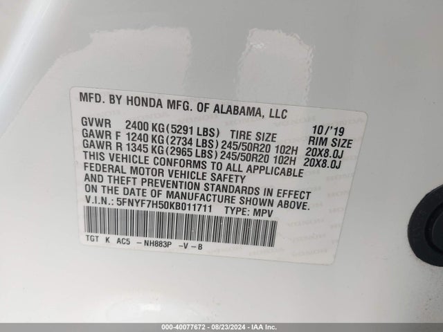 Honda Passport Ex-l 2019 5FNYF7H50KB011711 Image 9