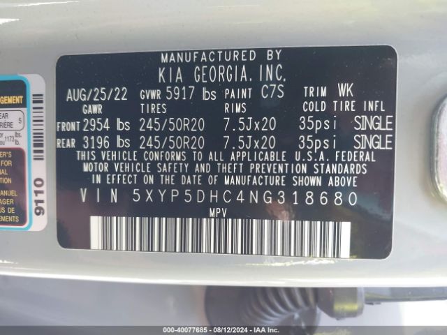 5XYP5DHC4NG318680 KIA Telluride Sx