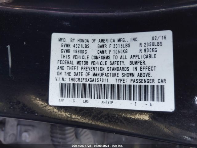 1HGCR2F5XGA157011 Honda Accord Sport