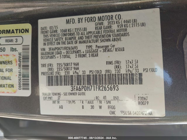 Ford FUSION SE 2015 3FA6P0H71FR265693 Image 9