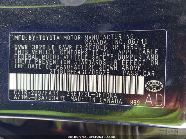 Toyota COROLLA L 2016 2T1BURHE4GC706678 Image 9