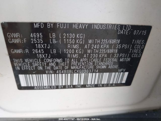 4S4BSBLCXG3203714 Subaru Outback 2.5i Limited