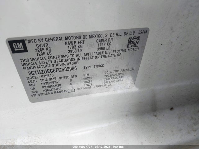3GTU2UEC6FG505986 GMC Sierra 1500 Sle