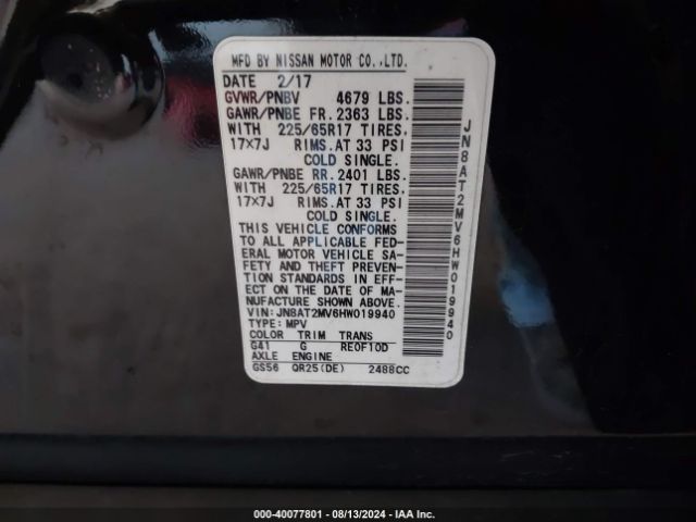 JN8AT2MV6HW019940 Nissan ROGUE SV