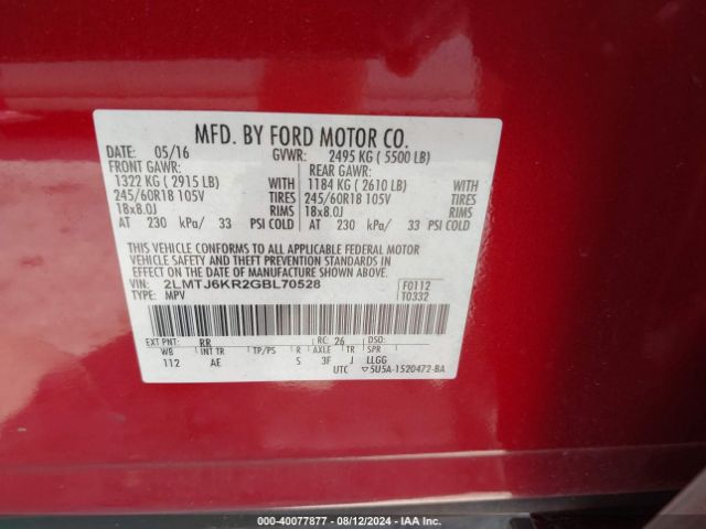 2LMTJ6KR2GBL70528 Lincoln Mkx Select