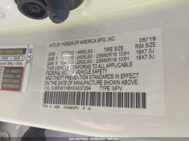 5J6RW1H8XKA037294 Honda Cr-v Ex-l