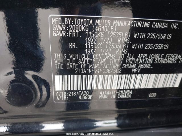 2T3A1RFV4PC367502 Toyota Rav4 Xle Premium