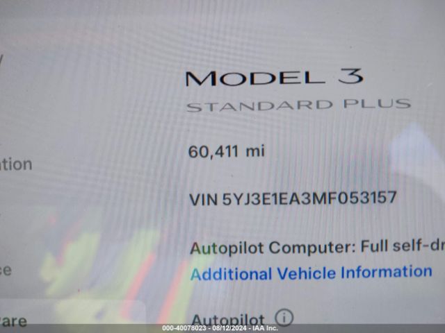 5YJ3E1EA3MF053157 Tesla Model 3 Standard Range Plus Rear-wheel Drive