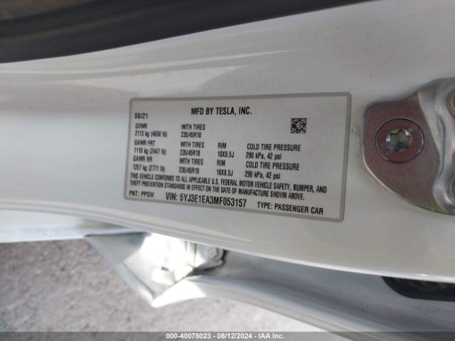 5YJ3E1EA3MF053157 Tesla Model 3 Standard Range Plus Rear-wheel Drive
