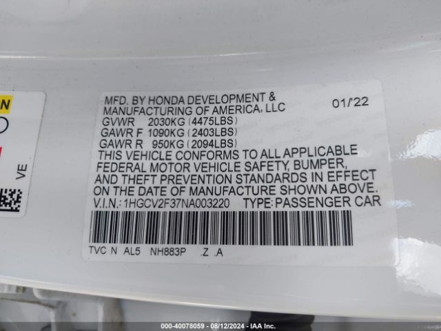 1HGCV2F37NA003220 Honda Accord Sport 2.0t
