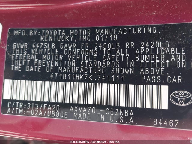Toyota CAMRY LE 2019 4T1B11HK7KU741111 Image 9