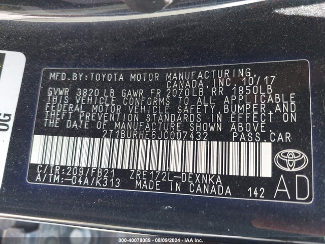 Toyota COROLLA LE 2018 2T1BURHE6JC007432 Image 9