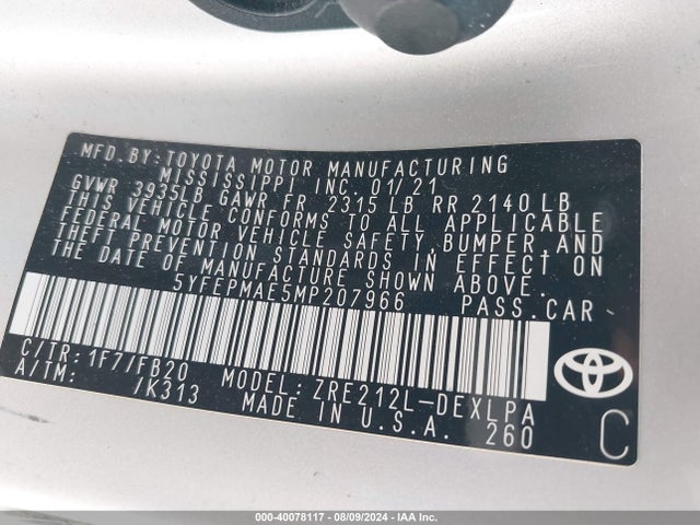 Toyota COROLLA LE 2021 5YFEPMAE5MP207966 Image 9