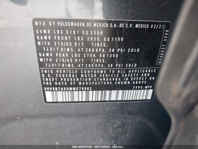 3VV3B7AX0MM079962 Volkswagen Tiguan 2.0t Se/2.0t Se R-line Black/2.0t Sel