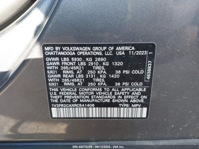 1V2FR2CAXRC541406 Volkswagen Atlas 2.0t Sel Premium R-line