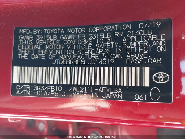 Toyota Corolla Hybrid Le 2020 JTDEBRBE5LJ014519 Image 9