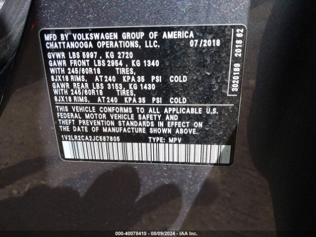 1V2LR2CA2JC587805 Volkswagen Atlas 3.6l V6 Se/3.6l V6 Se W/technology