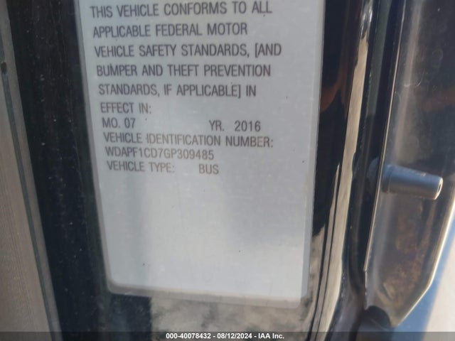 40078432 :رقم المزاد ، WDAPF1CD7GP309485 vin ، 2016 Mercedes-benz Sprinter 3500 مزاد بيع