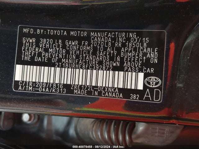 Toyota Corolla Le Plus 2015 2T1BURHE8FC392872 Image 9