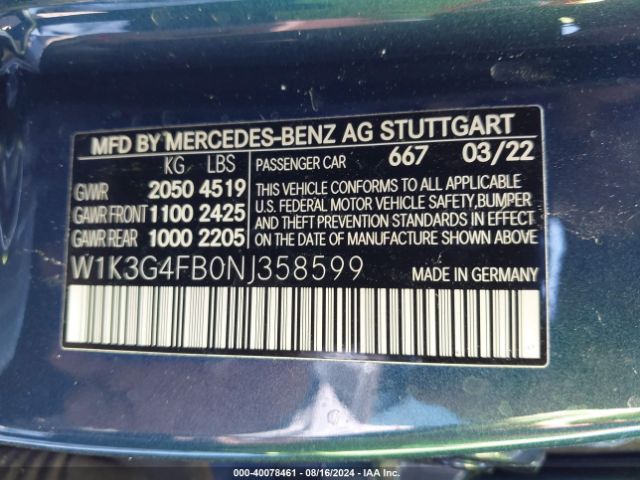 W1K3G4FB0NJ358599 Mercedes-Benz A 220 4matic