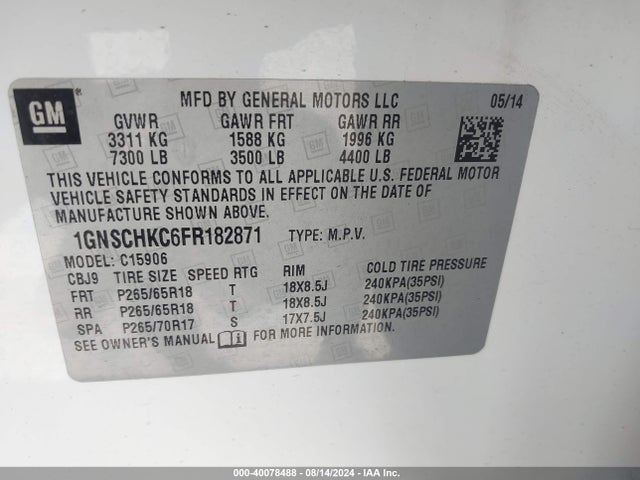 Chevrolet Suburban 1500 Ls 2015 1GNSCHKC6FR182871 Image 9