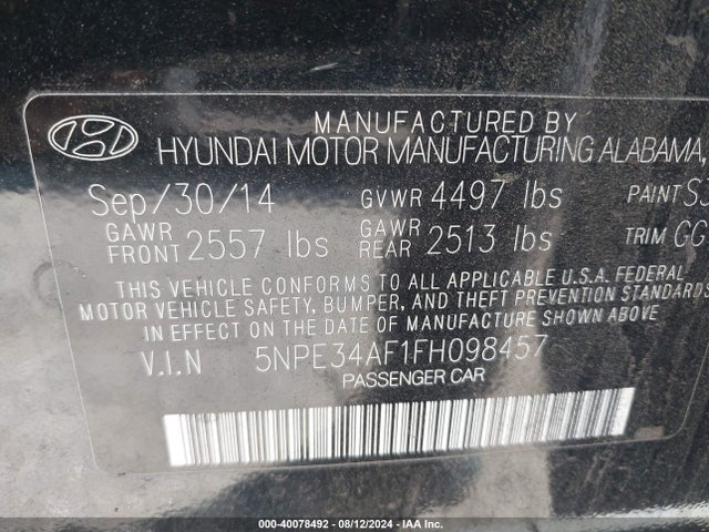 Hyundai Sonata Limited 2015 5NPE34AF1FH098457 Image 9