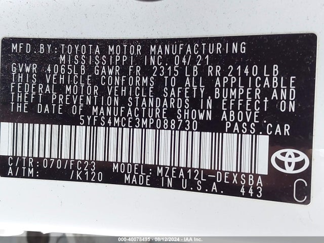 Toyota COROLLA SE 2021 5YFS4MCE3MP088730 Image 9