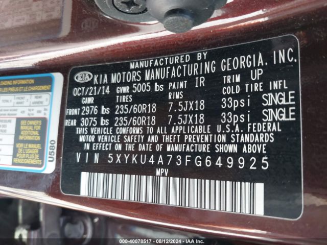 5XYKU4A73FG649925 KIA Sorento Ex V6