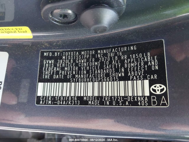 Toyota COROLLA LE 2016 5YFBURHE0GP566015 Image 9