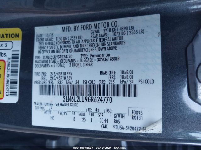 3LN6L2LU9GR624770 Lincoln MKZ HYBRID