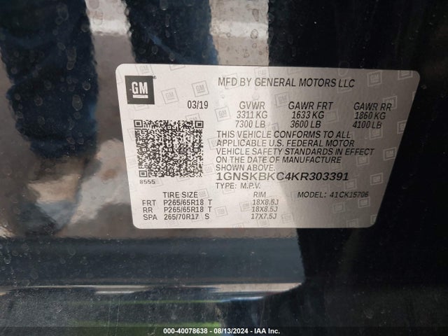 Chevrolet Tahoe Lt 2019 1GNSKBKC4KR303391 Image 9