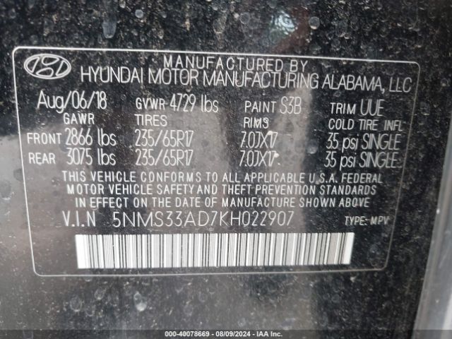 5NMS33AD7KH022907 Hyundai Santa Fe Sel
