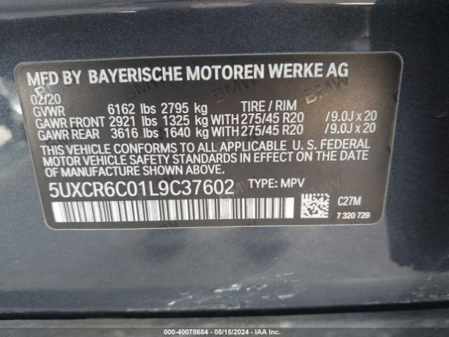 5UXCR6C01L9C37602 BMW X5 Xdrive40i